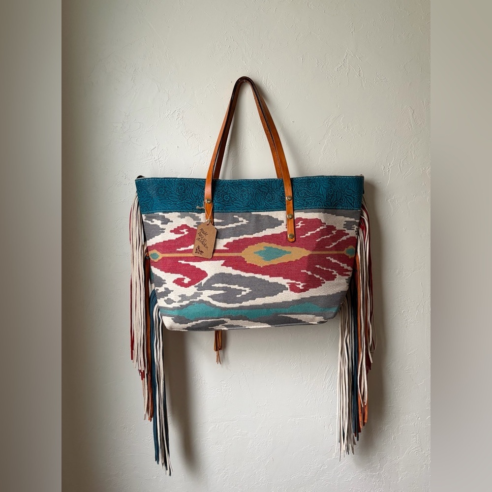 Handmade Southwestern Ikat Leather Fringe Oversized Tote Bag NWT
